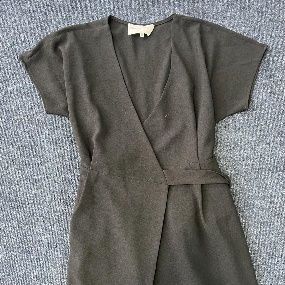 Charles Henry Dress Womens XS Black Wrap Surplice Short Sleeve Midi‎ Belted Sash